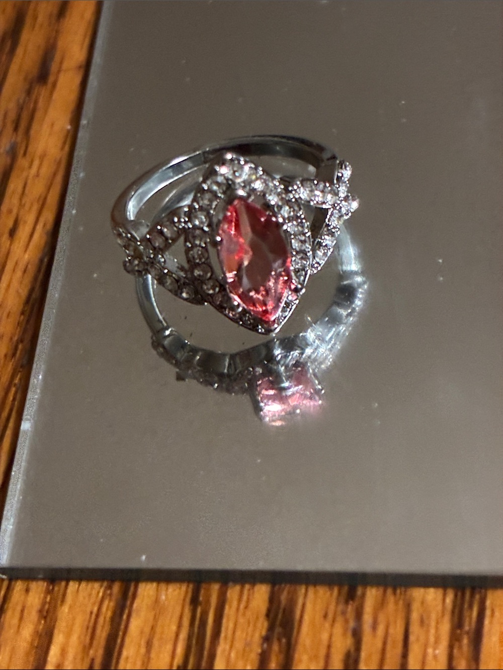 Silver Ring with Marquise Pink Stone and Pavé Accents